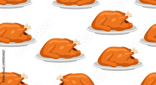 Roasted Turkey Seamless Pattern Vector Illustration, Festive Thanksgiving Dinner Background Design, Flat Culinary Graphic for Holiday Food Packaging and Wrapping Paper