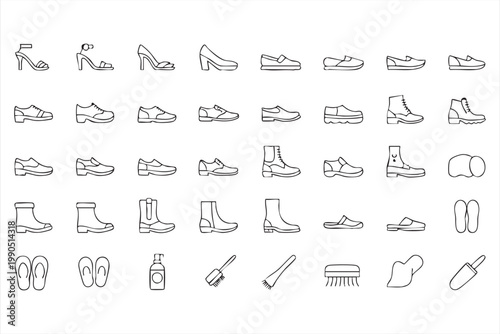 Footwear icons, shoes sneakers boots heels sandals collection for fashion retail design