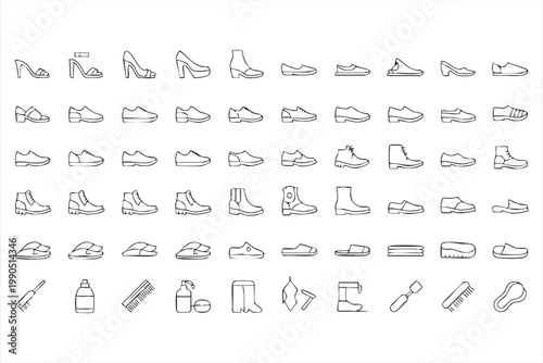 Shoe icons set, fashion footwear sneakers boots heels collection for clothing design