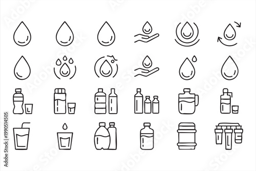 Water drop icons, hydration bottle glass refill set for clean drinking and sanitation design