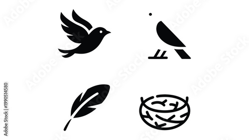 Abstract Birds: A minimalist black outline of abstract birds soaring, perching, feather and a nest, embodying the essence of nature's winged creatures. 