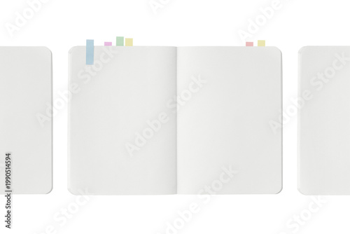 Three notebook spreads side by side, one with color-coded sticky notes and the others without.