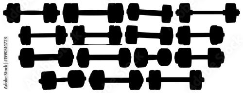 Tableau sur toile Dumbbell set with black silhouette on white background featuring exercise, fitne
