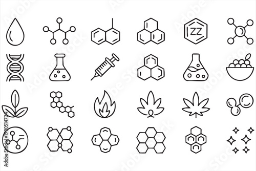 Chemical molecule icons, cannabis dna syringe flask collection for pharmacy and science use