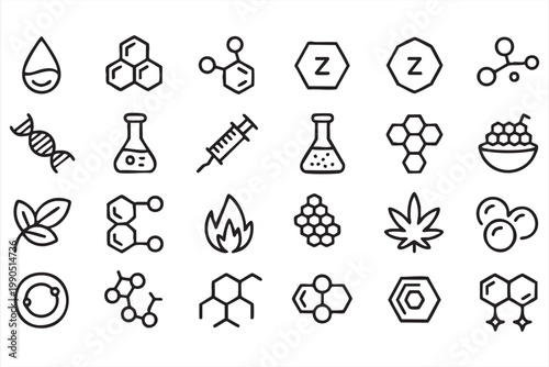Cannabis lab icons, cbd thc extraction molecule set for medical and clinical research
