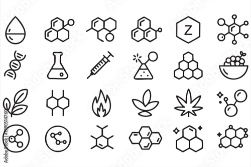 Biotechnology icons, chemical molecule cannabis leaf lab collection for science and healthcare design