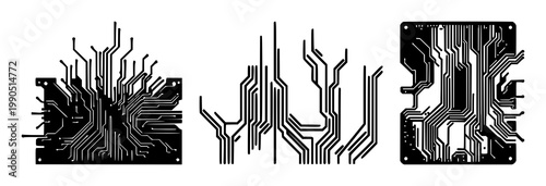 Circuit board set with black silhouette on white background featuring electronics, outline, schematic, circuitry with vector and illustration
