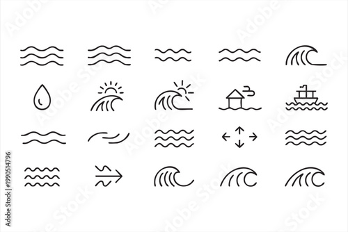 Water ocean icons, wave tide sun rain boat set for weather forecast and seaside design