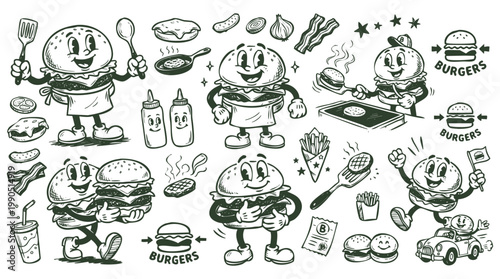 Vintage 1930s Cartoon Hamburger Mascot and Fast Food Ingredient Set