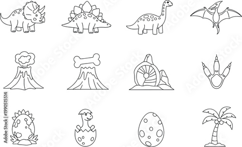 Collection of black and white cartoon dinosaur illustrations for kids coloring page