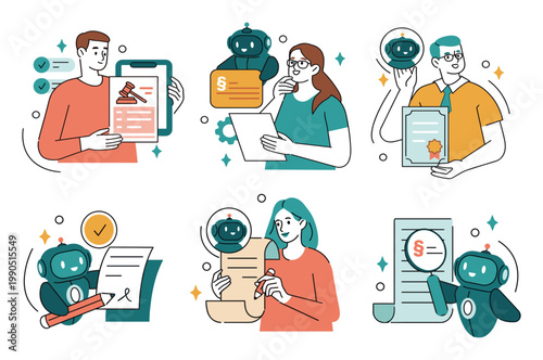 Multiple scenes depicting business legal administrative tasks with people and icons business administration document contract agreement automation technology smartphone computer