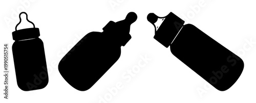 Baby bottle set with black silhouette on white background featuring infant feeding, nursing, motherhood with healthcare and domestic