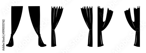 Stage curtains set with black silhouette on white background featuring theatrical, front‑of‑stage, performance art with minimalist and silhouette illustration