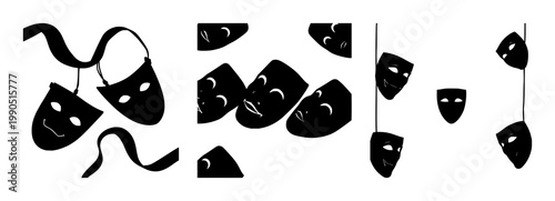 Theatre masks set with black silhouette against white background featuring theatrical masks, stage décor, dramatic face art with silhouette and background