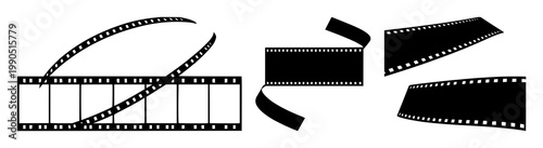 Film strip set with black silhouette against white background featuring film reel, motion picture, cinema with polaroid and classic cinema
