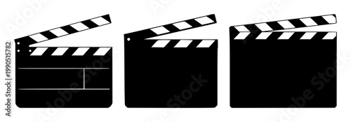 Movie clapperboard set with black silhouette on white background featuring film icon, motion pictures, cinematic gear with illustration and vector