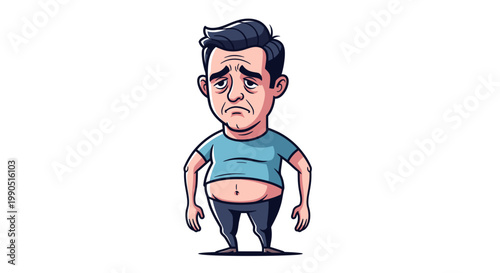 Sad Overweight Man with Belly Fat Vector Illustration, Depressed Person Character Design for Health and Lifestyle Concept Art, Isolated Flat Graphic Style