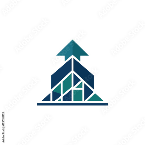 Geometric upward arrow rising from an abstract building made of blue and green segments, symbolizing growth and progress