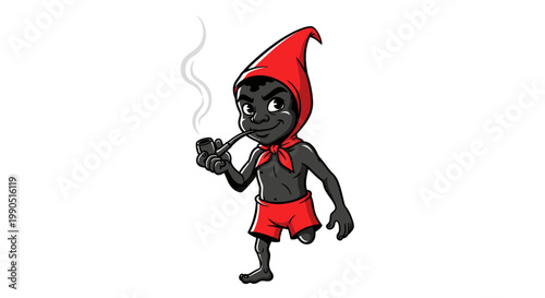 Saci Perere Folklore Character Vector Illustration, Brazilian Mythical One-Legged Boy with Red Cap and Smoking Pipe, Cartoon Style Graphic Design Element