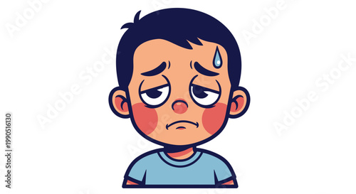 Sad Boy Feeling Sick or Tired Vector Illustration, Cartoon Character with Fever Sweat Drop and Exhausted Expression for Health Education and Emotional Concepts