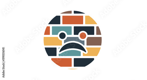 Sad Brick Wall Face Vector Illustration, Stylized Masonry Texture Icon Representing Emotional Hardship and Mental Blockage Concept in Flat Design Style