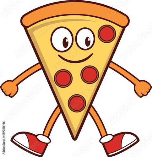 Animated pizza slice character with orange crust and pepperoni smiling broadly at viewer