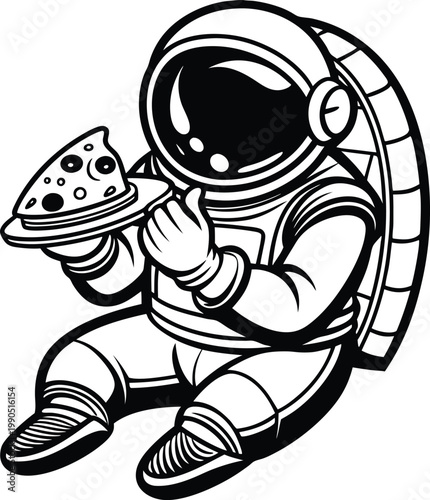 Astronaut in a full spacesuit holding a pizza slice and giving a thumbs up gesture