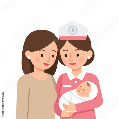 A caring nurse gently holds a newborn baby, with a smiling mother looking on, symbolizing the beautiful journey of new life and maternal care