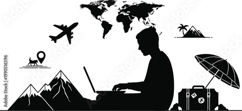 A silhouette of a man working on a laptop surrounded by travel themed imagery representing digital nomadism and wanderlust