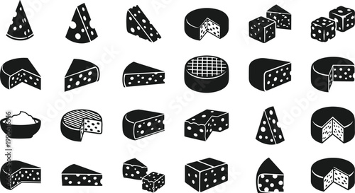 Cheese icon collection with wedge wheel block slice cube dairy food artwork, black vector template set