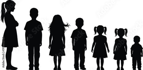 Children silhouette illustration, kids growth artwork, childhood development concept, family design vector, black and white educational template, age progression