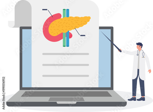 Specialist presenting pancreas health report on laptop screen