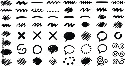 This metadata focuses on the hand-drawn, hand-crafted, and versatile graphic element nature of your brush stroke and scribble collection to maximize its reach for designers.