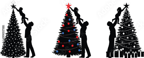 Christmas tree silhouette, family decorating, child lifted, festive holiday design, star topper, ornaments, garlands, presents, Merry Christmas, winter celebration vector