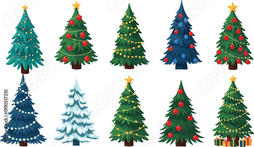 Schilderij op canvas Christmas trees illustration, festive holiday decorations, snowy and decorated p