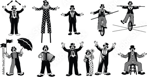 Circus clown silhouettes set isolated on white background, vintage performers with unicycle juggling and accordion vector illustration collection for design.