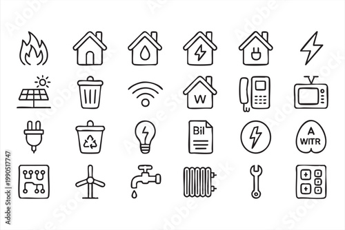 Home automation icons, smart energy electricity solar panel wifi set for utility management