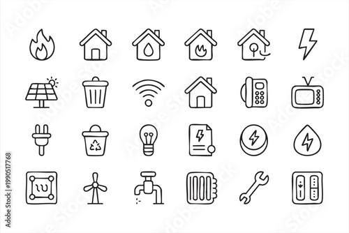 Smart energy icons, home electricity solar wifi lighting system collection for modern housing