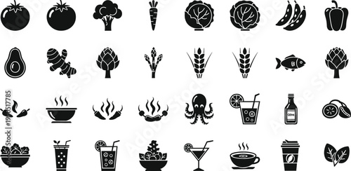 Healthy Food Icon Set Featuring Fruits Vegetables Seafood Drinks and Organic Nutrition Symbols for Diet Wellness Cooking and Lifestyle Design
