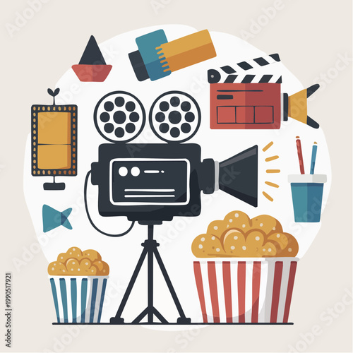 Film production icon set with movie camera and popcorn