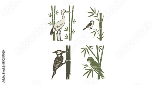 Serene Bamboo Garden: A collection of illustrations depicting various birds perched amidst serene bamboo stalks, evoking a sense of calm and natural harmony.