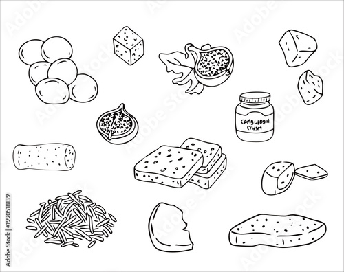 Cheese varieties and gourmet appetizers set, hand drawn line art.