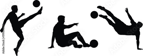 Soccer player silhouettes performing kicks tricks and ball control in dynamic action poses