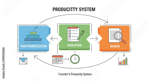 Productivity system, workflow diagram, task management, business process, vector illustration