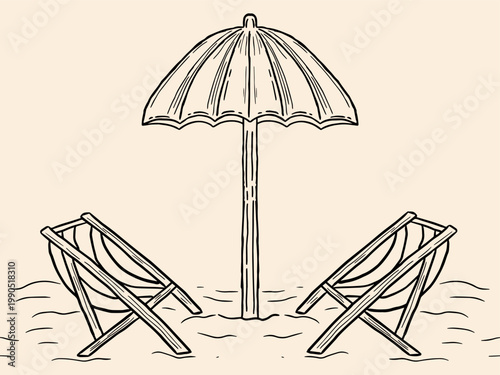 Beach umbrella and sun loungers vector illustration. Hand drawn sketch line art summer vacation concept with beach chairs
