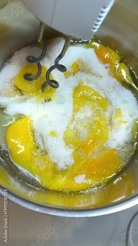  Eggs and sugar are beaten together with a hand mixer in a metal bowl in slow motion.
