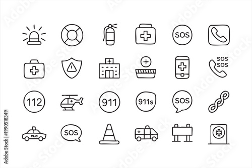 Emergency and SOS icons, safety rescue ambulance hospital and alert symbols line set