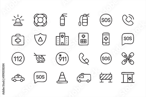 SOS and rescue icons, emergency communication medical and warning line symbols
