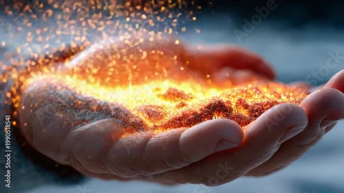 Glowing Energy in Hand: An open hand cradles a fiery, glowing energy, symbolizing creation, innovation, and the power of transformation. Capturing the essence of a dynamic idea.