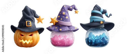 Three whimsical witch hats with magical potion jars, showcasing Halloween themes and vibrant colors